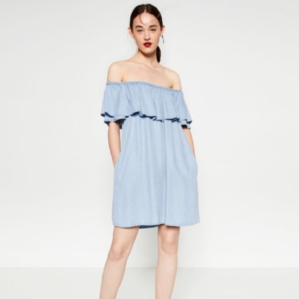 ZARA Off-the-shoulder Chambray Dress